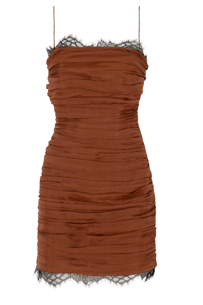 Raquel Diniz short dress in brown with frills and lace details, shown against a plaid white background.