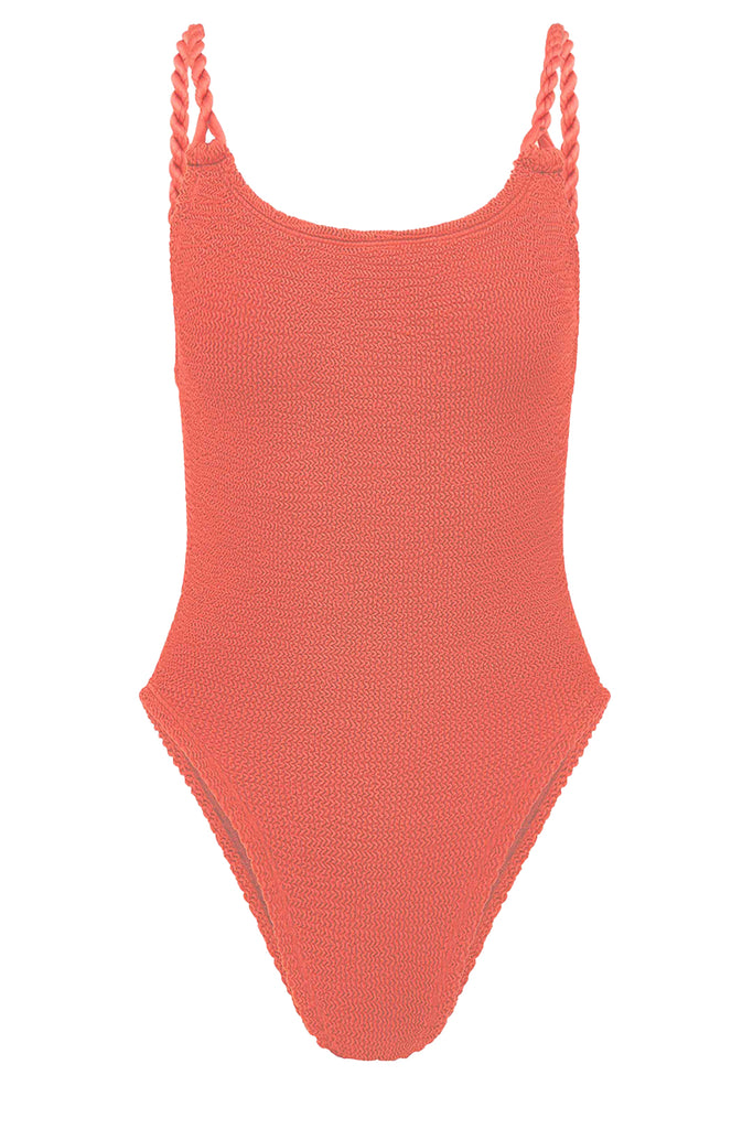 Hunza G Camille swimsuitin Coral, shown against a plain white background.