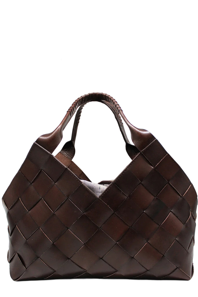 Dragon Diffusion woven leather tote bag in brown, shown against a plain white background.