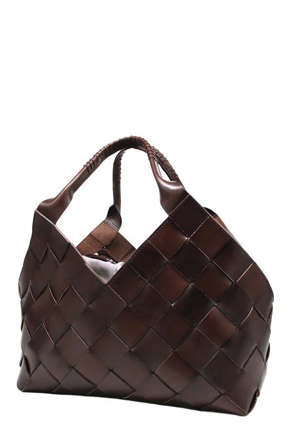 Rotated view of Dragon Diffusion woven leather tote bag in brown, shown against a plain white background.
