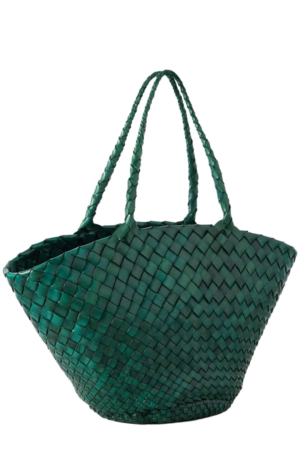 Rotated view of Dragon Diffusion woven leather tote bag in green, shown against a plain white background.