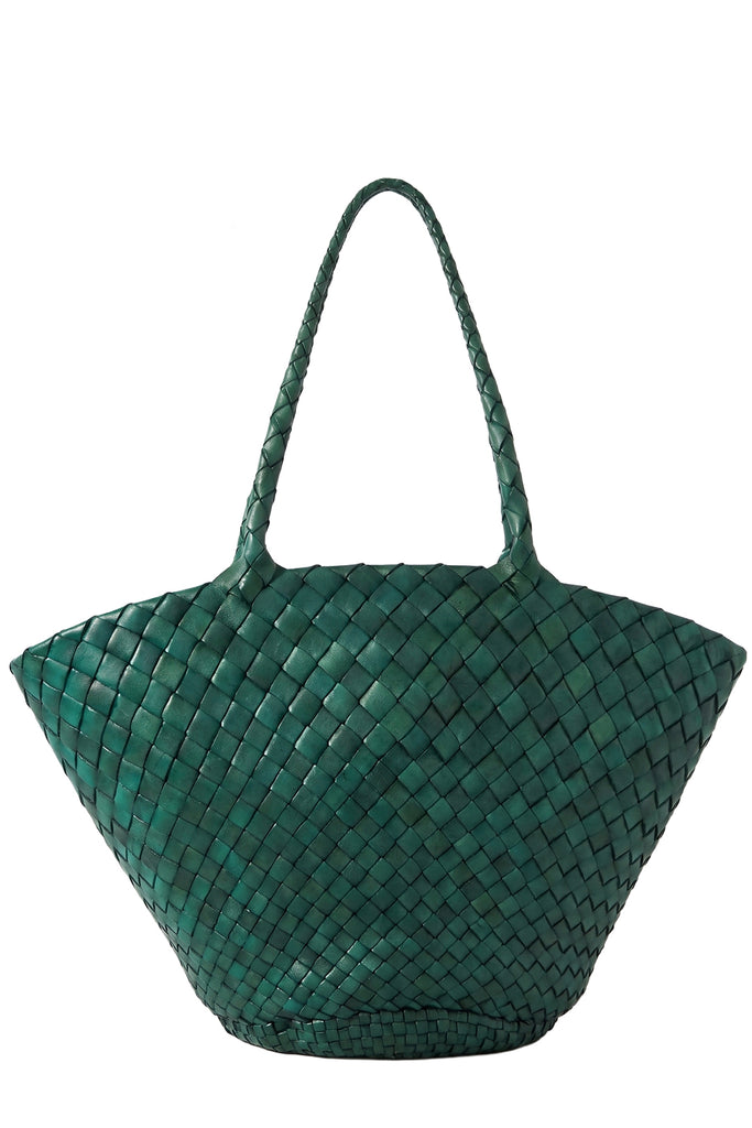 Dragon Diffusion woven leather tote bag in green, shown against a plain white background.