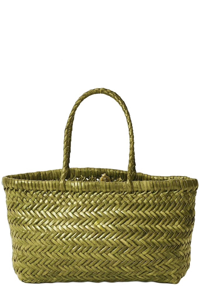 Dragon Diffusion woven leather tote bag in green, shown against a plain white background.