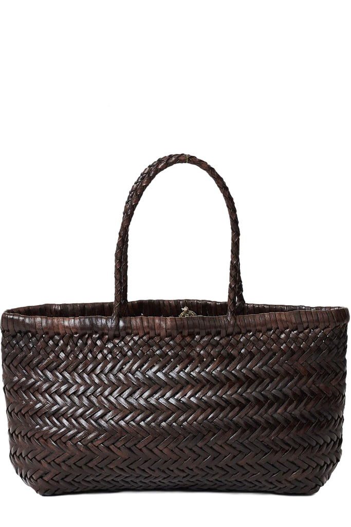 Dragon Diffusion woven leather tote bag in dark brown, shown against a plain white background.