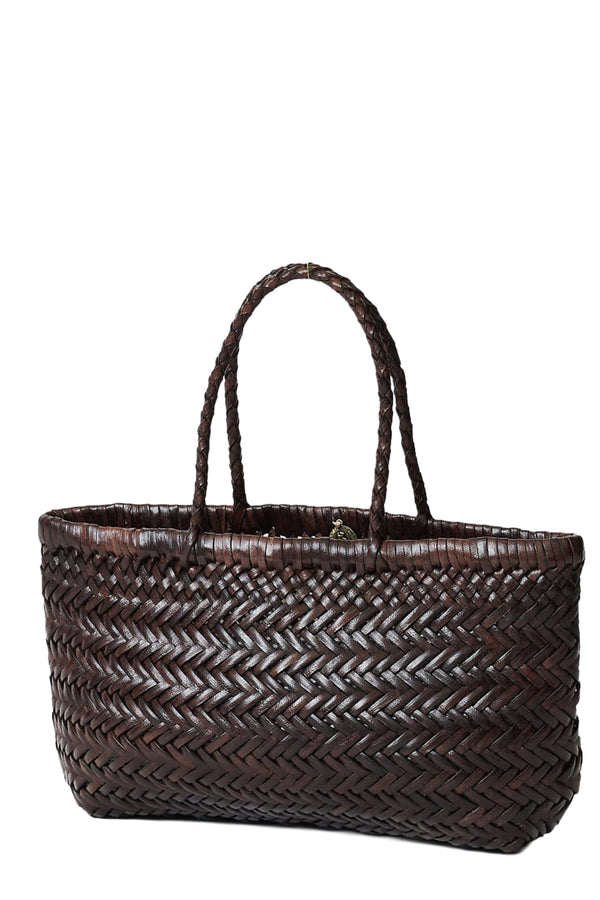 Rotated view of Dragon Diffusion woven leather tote bag in dark brown, shown against a plain white background.