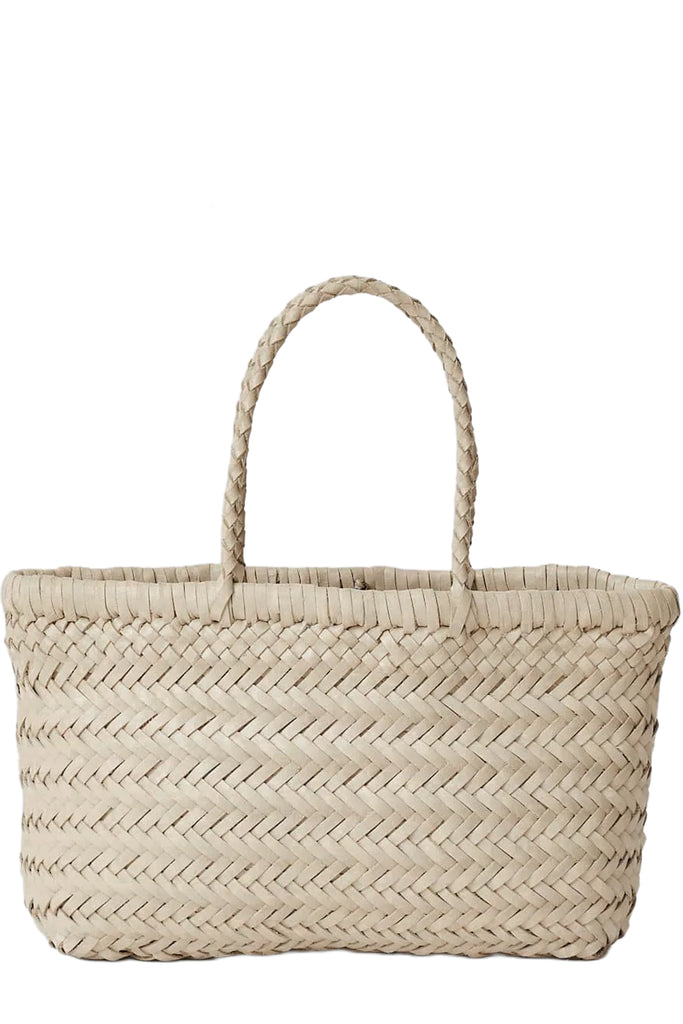 Dragon Diffusion woven leather tote bag in soft white, shown against a plain white background.