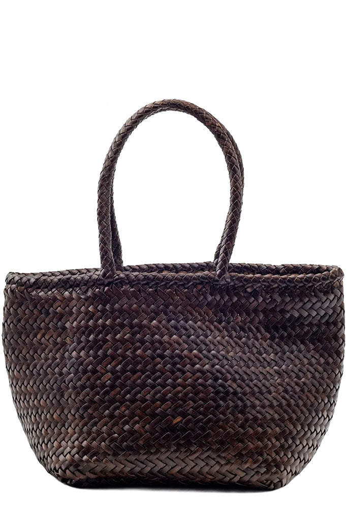 Dragon Diffusion oval woven leather tote bag in dark brown, shown against a plain white background.