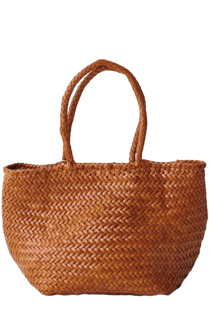 Dragon Diffusion oval woven leather tote bag in light brown, shown against a plain white background.