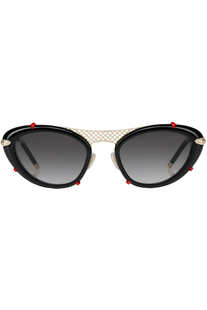 Christian Louboutin cat-eye sunglasses in gray with black frame, red details and metal reticulated temple, shown against a plaid white background.