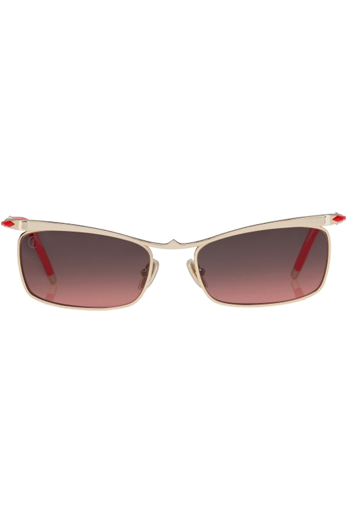 Christian Louboutin sunglasses in red with metal frame and red details, shown against a plaid white background.
