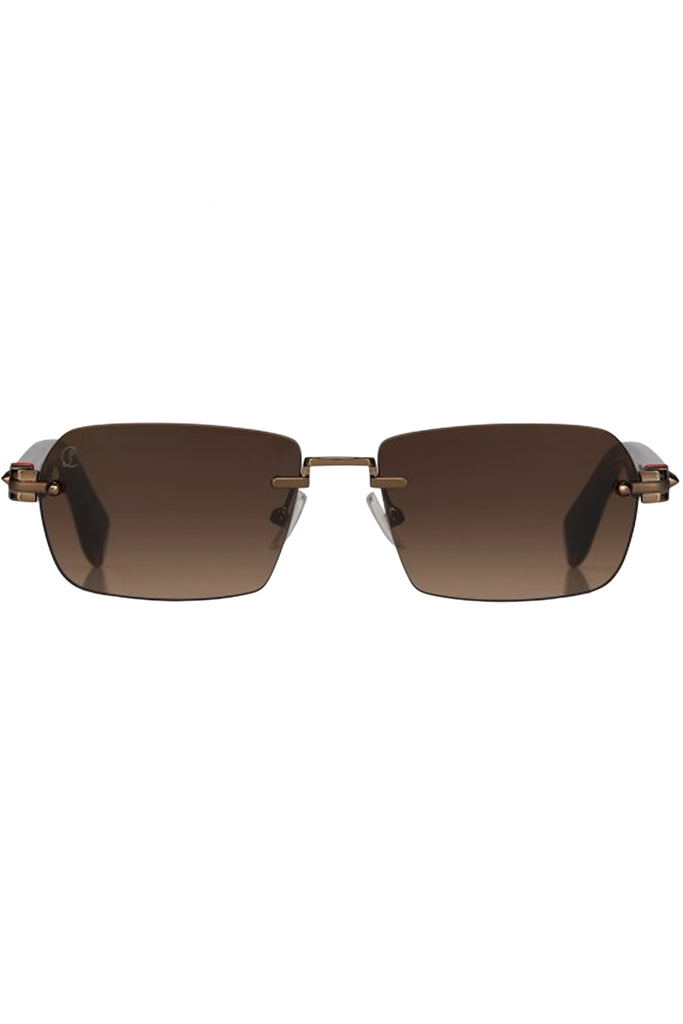 Christian Louboutin sunglasses in brown with metal frame, shown against a plaid white background.