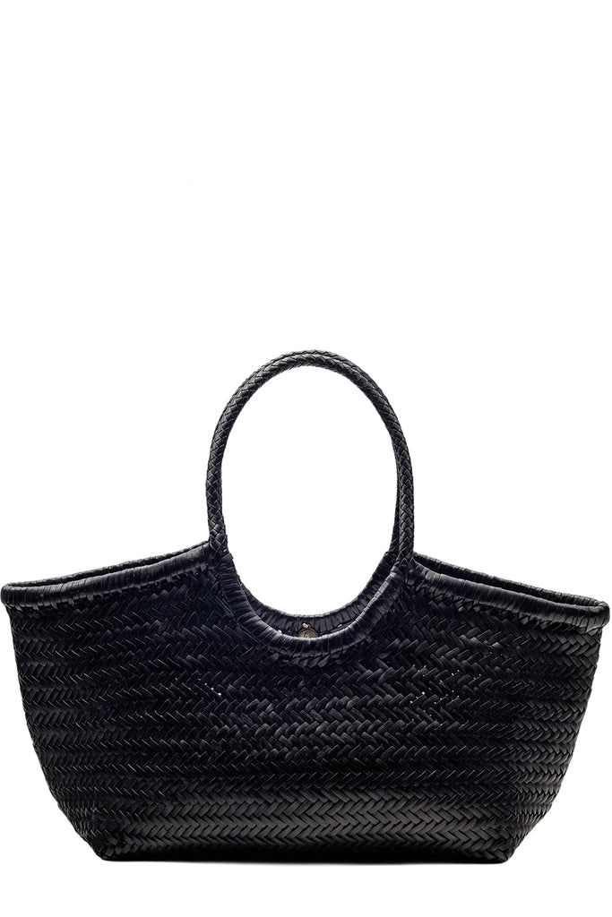 Dragon Diffusion oval woven leather tote bag in black, shown against a plain white background.