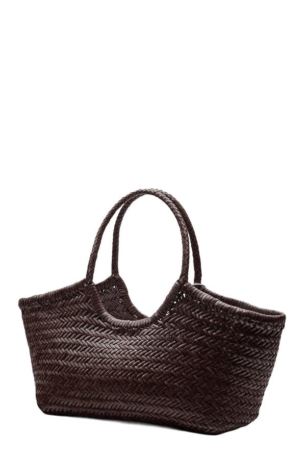 Rotated view of Dragon Diffusion oval woven leather tote bag in dark brown, shown against a plain white background.