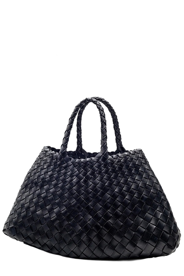 Rotated view of Dragon Diffusion woven leather handbag in black, shown against a plain white background.