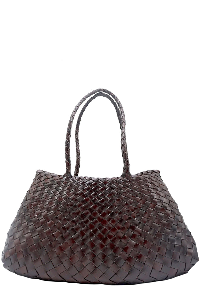 Dragon Diffusion woven leather tote bag in dark brown, shown against a plain white background.