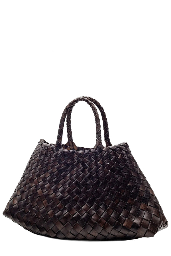 Rotated view of Dragon Diffusion woven leather handbag in dark brown, shown against a plain white background.
