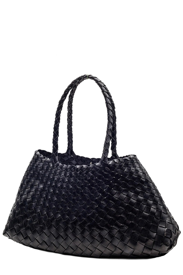 Rotated view of Dragon Diffusion woven leather tote bag in black, shown against a plain white background.
