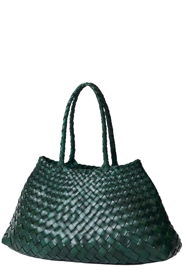Rotated view of Dragon Diffusion woven leather tote bag in green, shown against a plain white background.