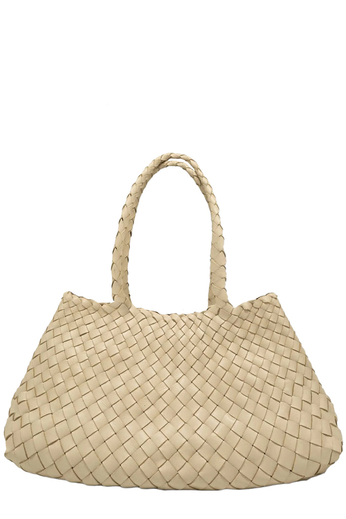 Dragon Diffusion woven leather tote bag in soft white, shown against a plain white background.