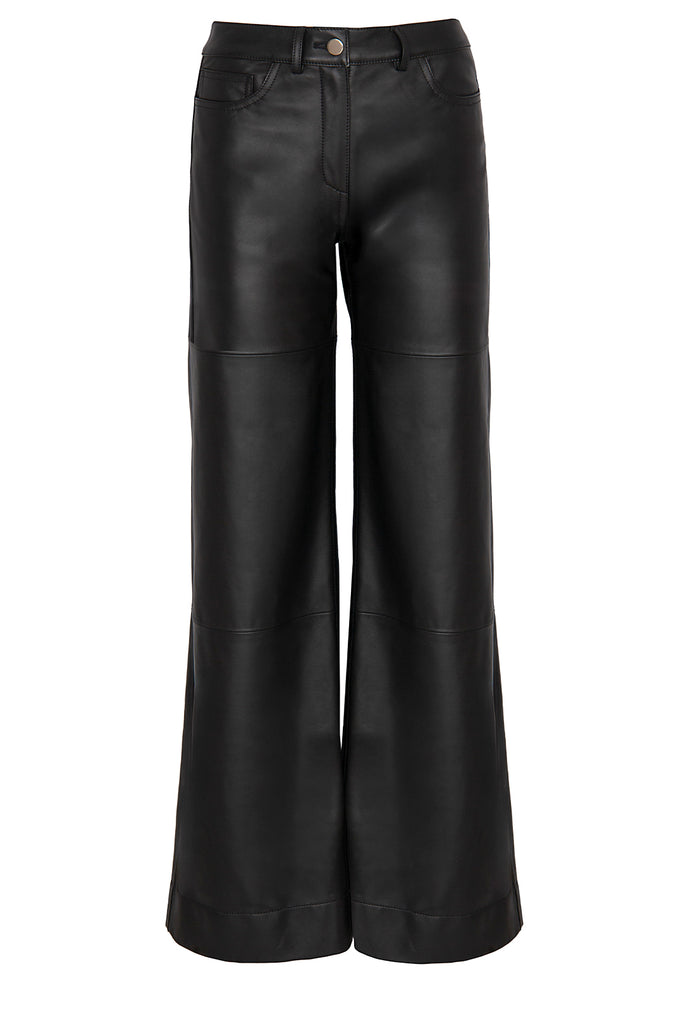 Raquel Diniz wide-leg leather pants in black, shown against a plaid white background.