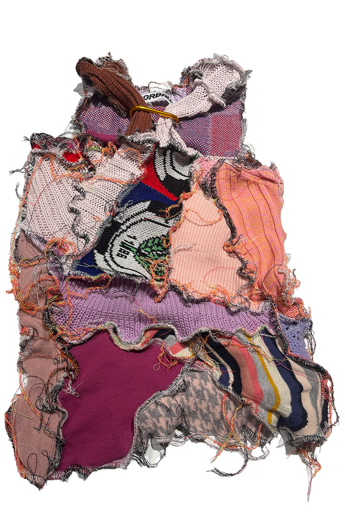 BORBALA recycled tank top in pink, beige and brown, made from recycled materials sewn together, shown against a plain white background.