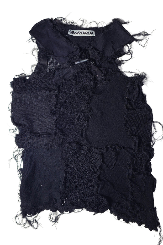 Borbala black top sewn together from reused materials, shown against a plain white background.