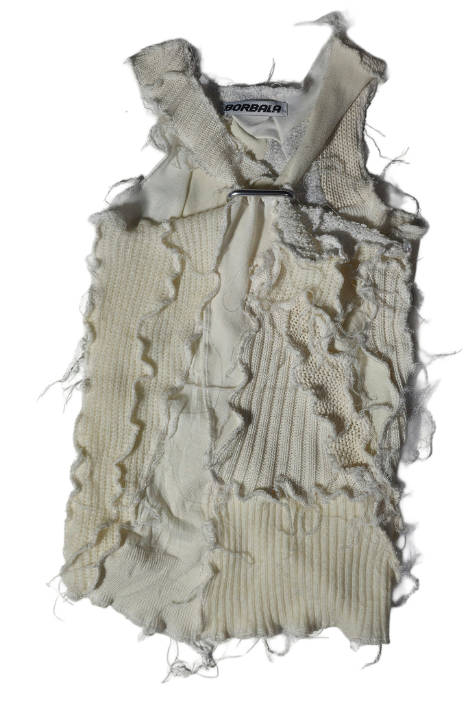 Borbala white top sewn together from reused materials, shown against a plain white background.