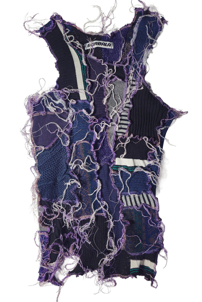 Borbala purple top sewn together from reused materials, shown against a plain white background.