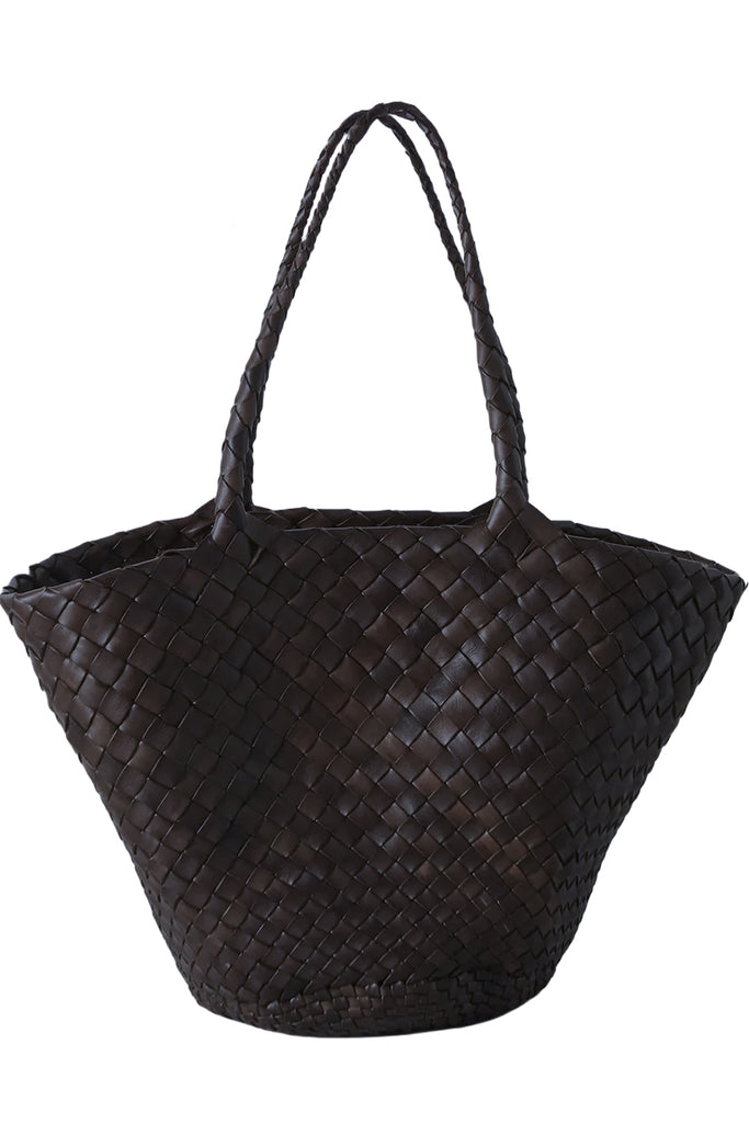 Dragon Diffusion woven leather tote bag in dark brown, shown against a plain white background.