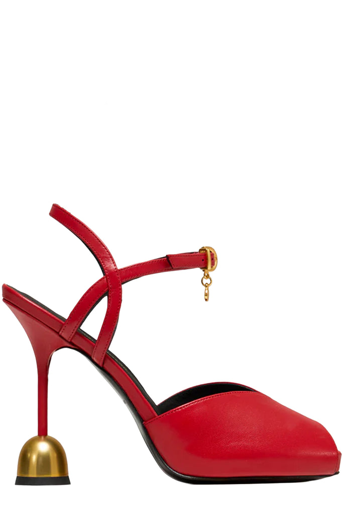 Vanda Novak High heels in red made from leather with golden details, shown against plaid white background.