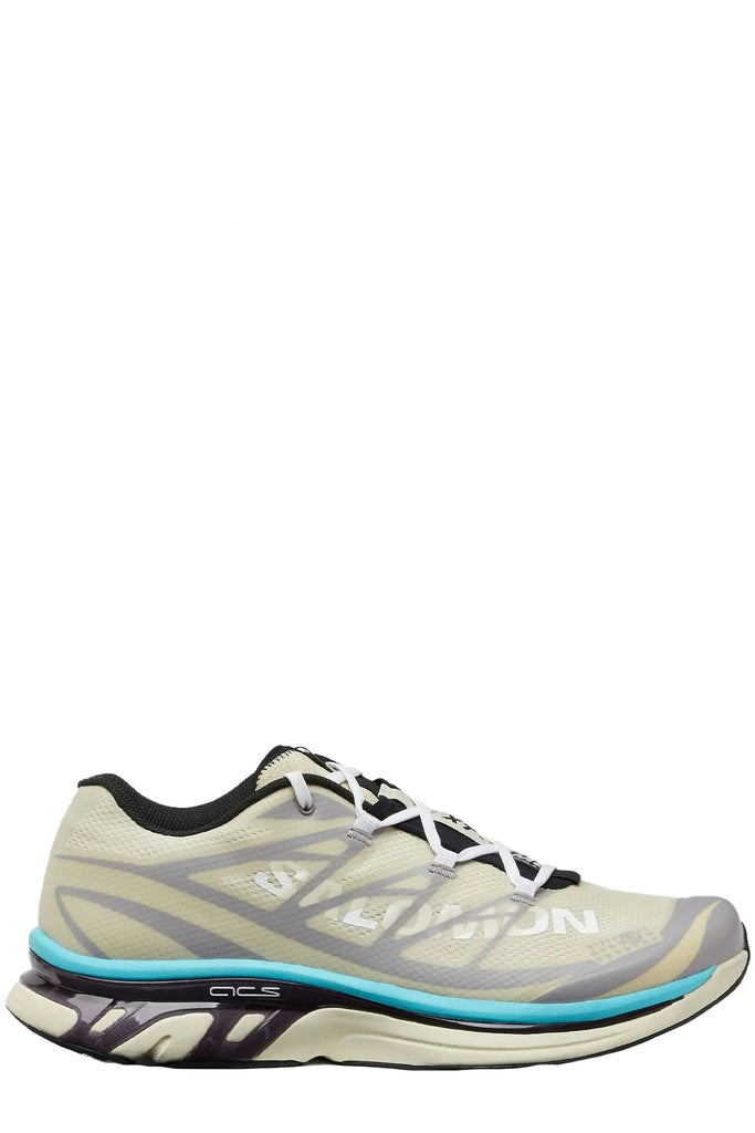 MM6 Maison Margiela sneakers in beige, dark purple, silver with light blue touch, shown against a plain white background.