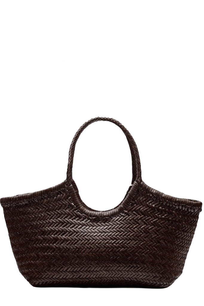 Dragon Diffusion oval woven leather tote bag in dark brown, shown against a plain white background.