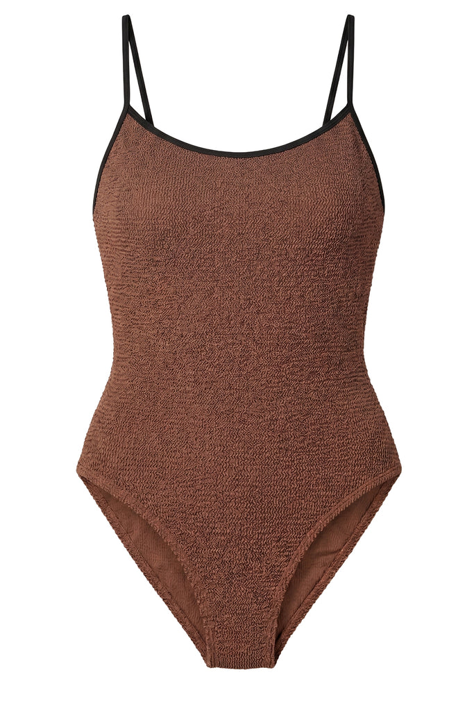 Hunza G spaghetti strap swimsuit in Brown with black edges, shown against a plain white background.