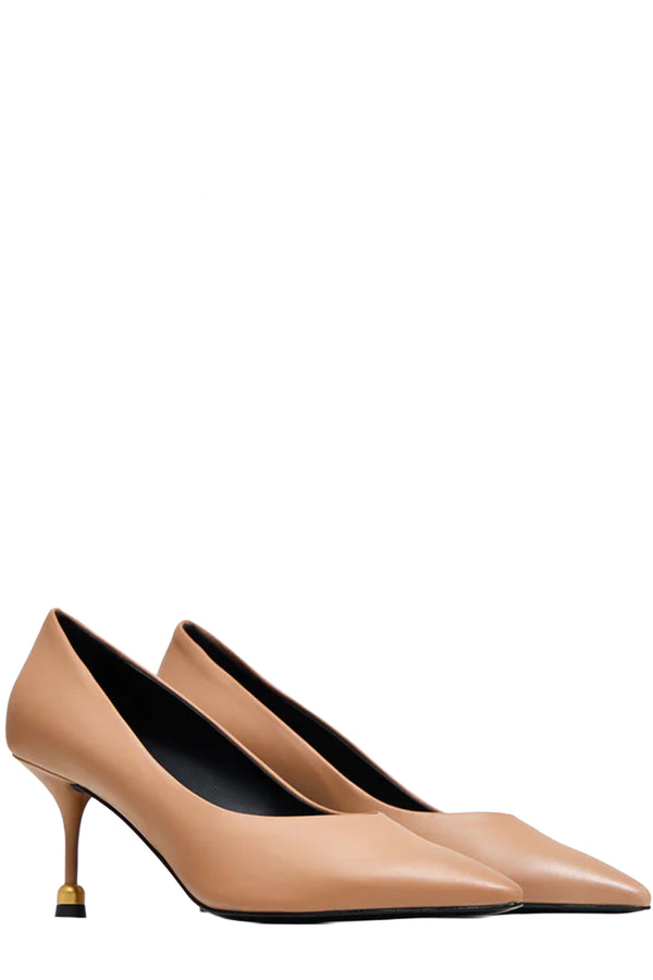 Rotated view of a pair of Vanda Novak High heels in beige made from leather with golden detail, shown against plaid white background. 