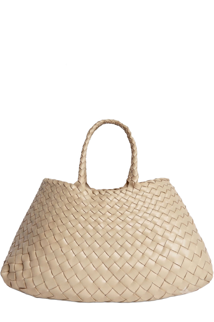 Dragon Diffusion woven leather tote bag in soft white, shown against a plain white background.