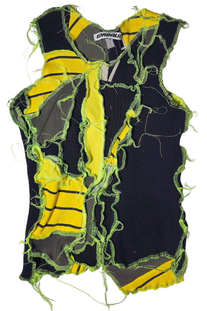 Borbala top sewn together from reused yellow and black materials, shown against a plain white background.