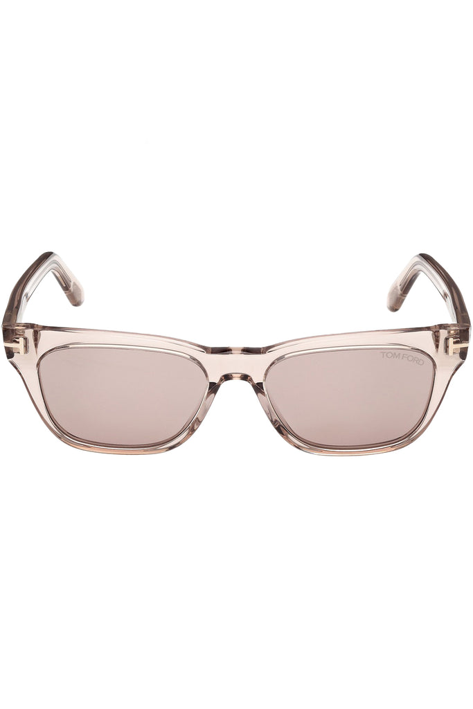 Front view of Tom Ford sunglasses in translucent pink, shown against a plain white background.