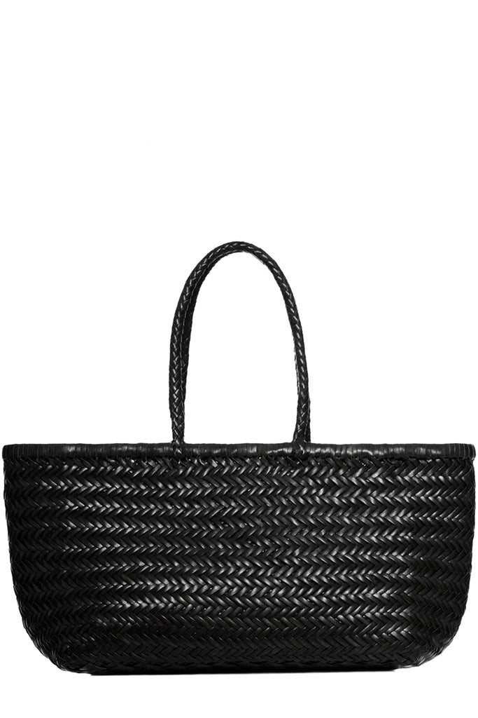 Dragon Diffusion rectangular woven leather tote bag in black, shown against a plain white background.