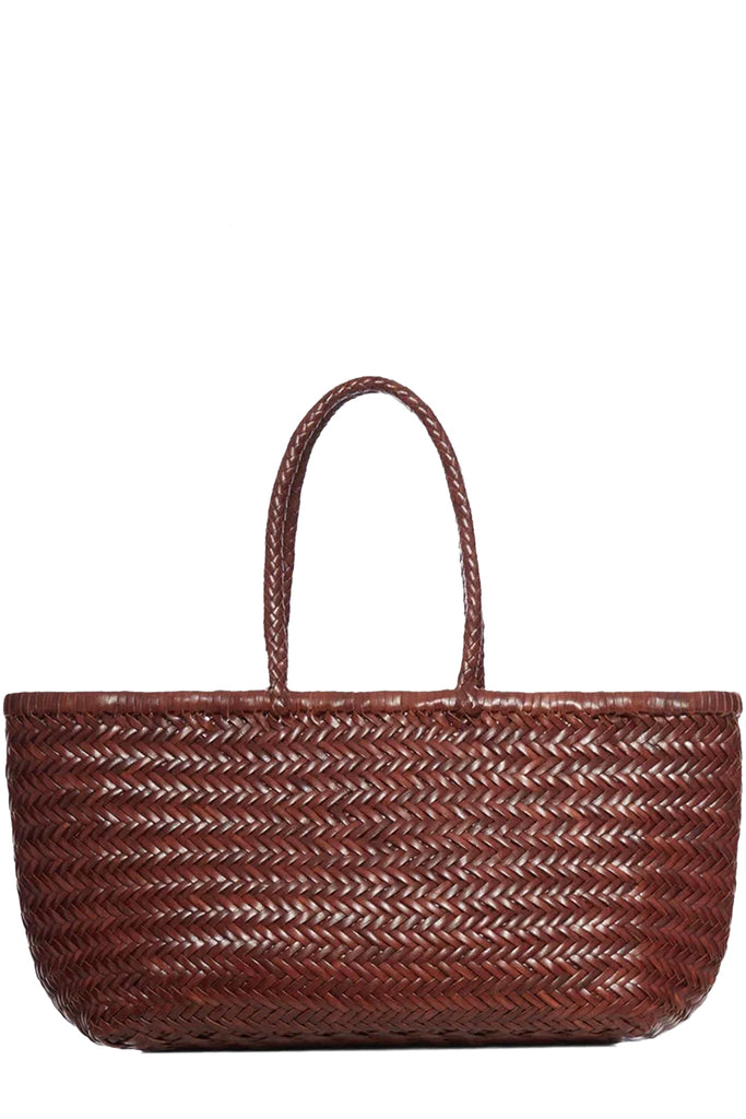 Dragon Diffusion rectangular woven leather tote bag in brown, shown against a plain white background.