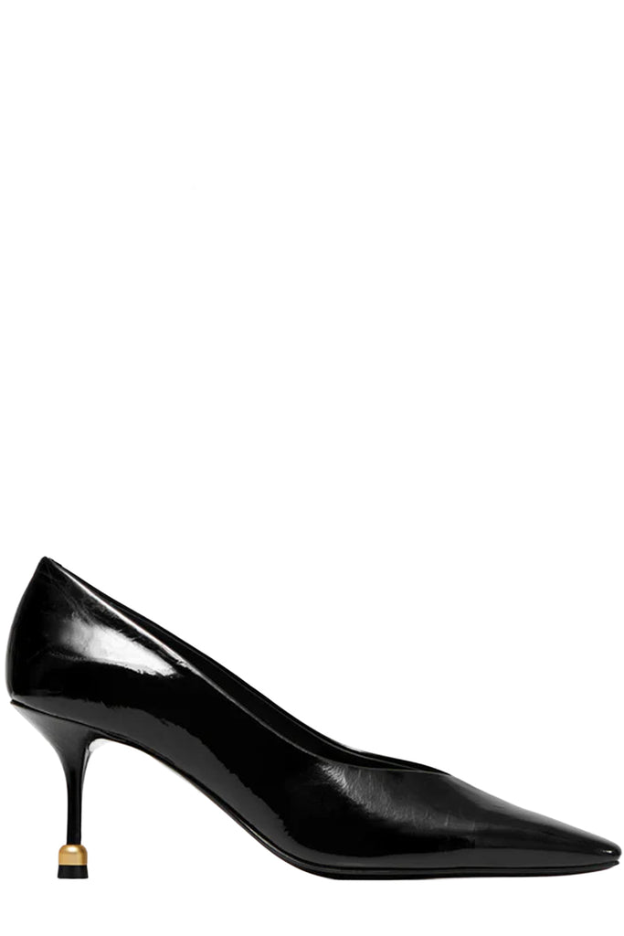 Vanda Novak high heels in black made from leather with golden detail, shown against plaid white background. 
